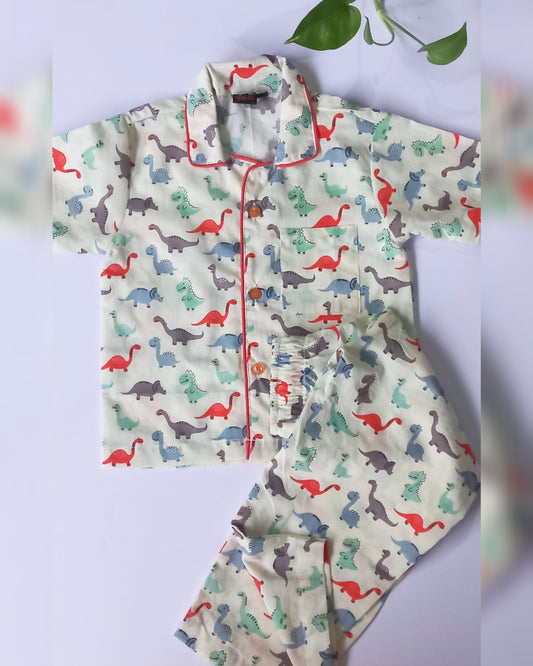 Hand Block Printed Pyjama Top Set • Regular collar / front open / short sleeves top with front pocket • Elasticated waist • Fabric: Cotton • Colour: Off White with Brown and Green • Wash care: Handwash/ Mild Machinewash