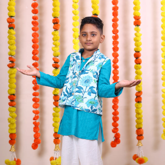 Firozi Jacquard Kurta for Kids