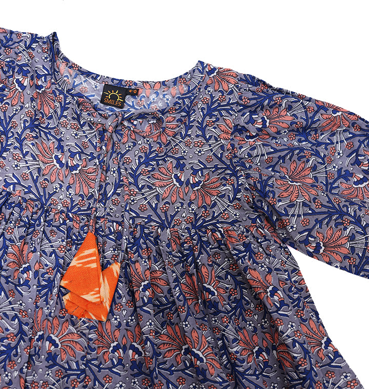 Maria Dress in Blue and Orange Floral Print