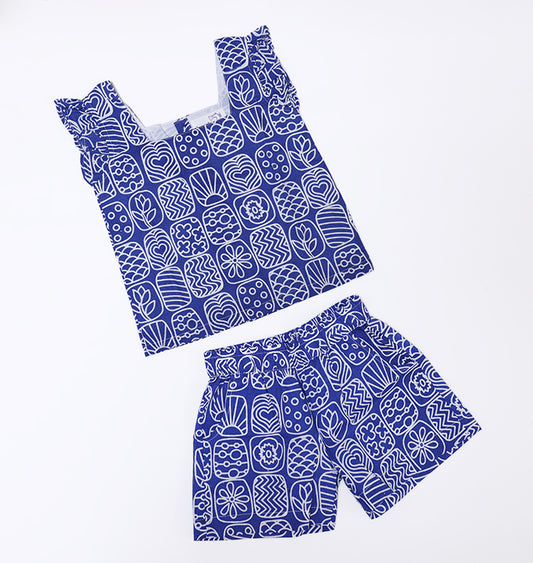 "Hello Summer" Coord Set for Girls in Blue and White