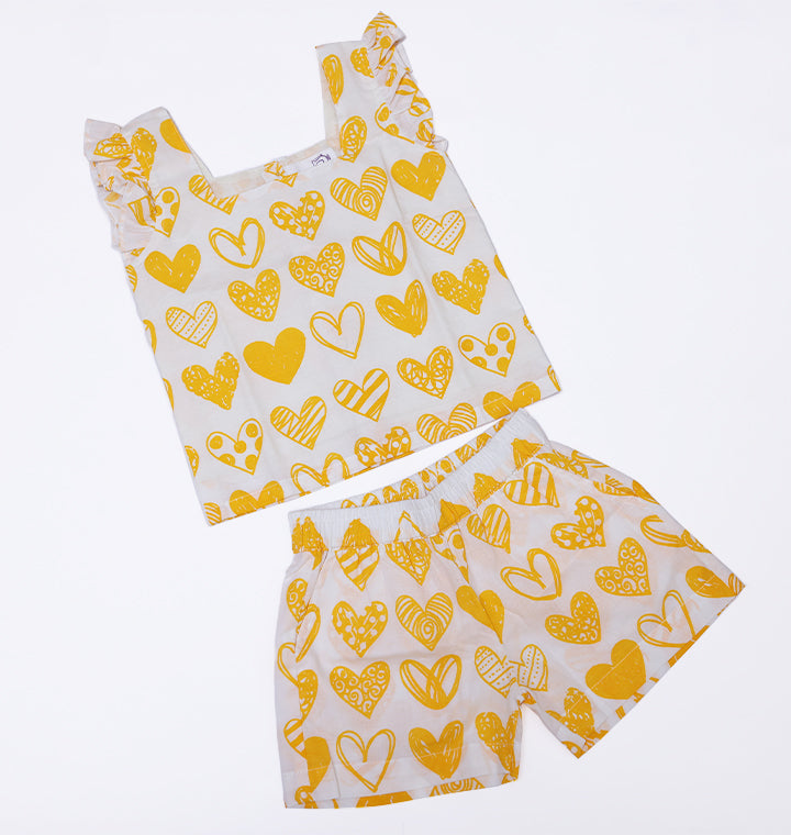 "Hearts" Coord Set for Girls in White and Yellow